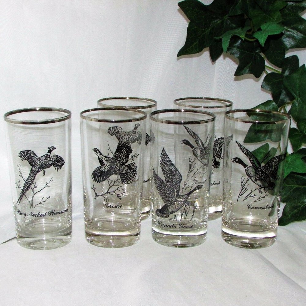 Federal Glass Sportsman 6 Vintage Water or Highball Glasses Game Birds MCM